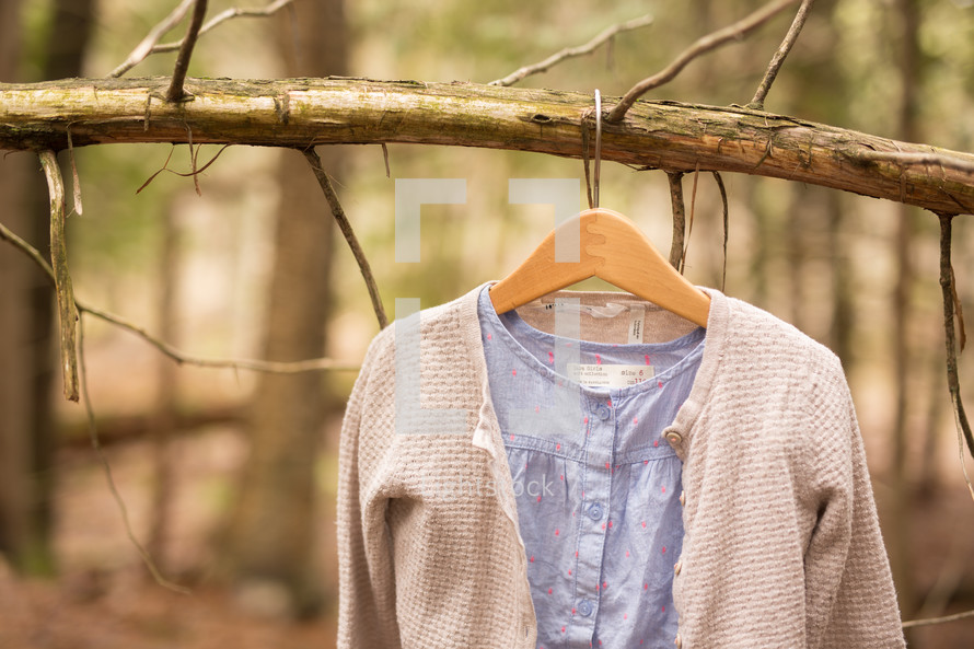 a shirt and sweater hanging on a branch 