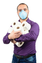 man with medical mask and toilet paper on white background