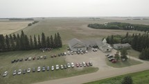 Drone shot of church in rural Alberta after wedding