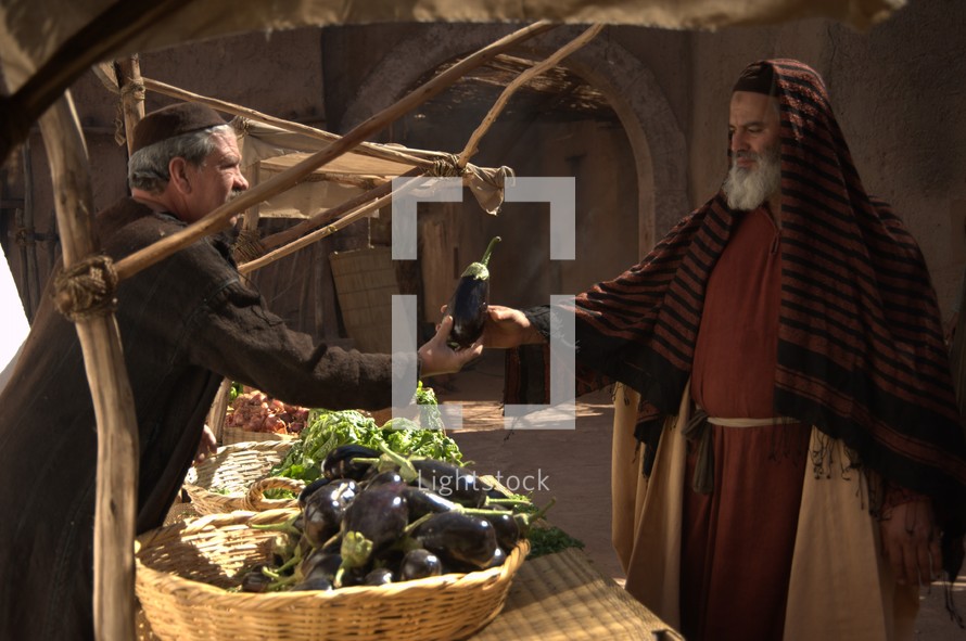 man selling vegetables in the market to a rich man in biblical times 
