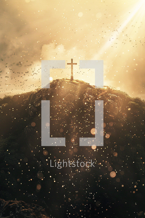 Cross on a hill with a bright light shining down