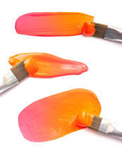 A Collection of pink and orange Paint Swatches with a Paint Brushes