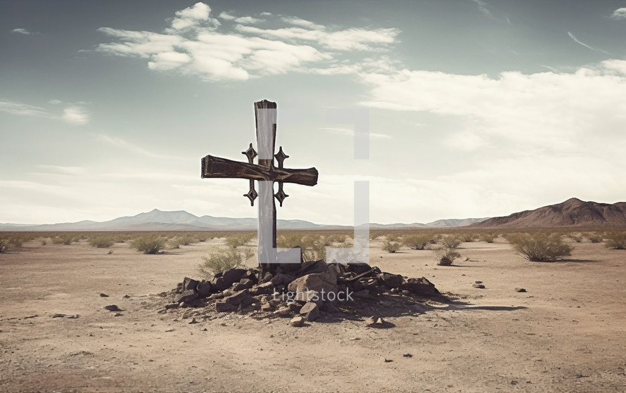 Christianity crucifix into a desert outdoor