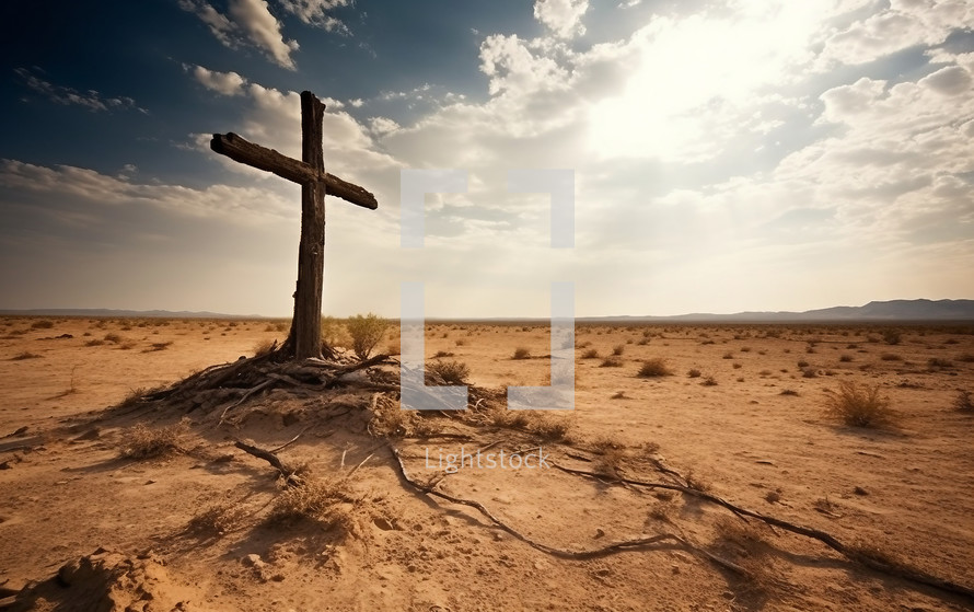 Christianity crucifix into a desert outdoor