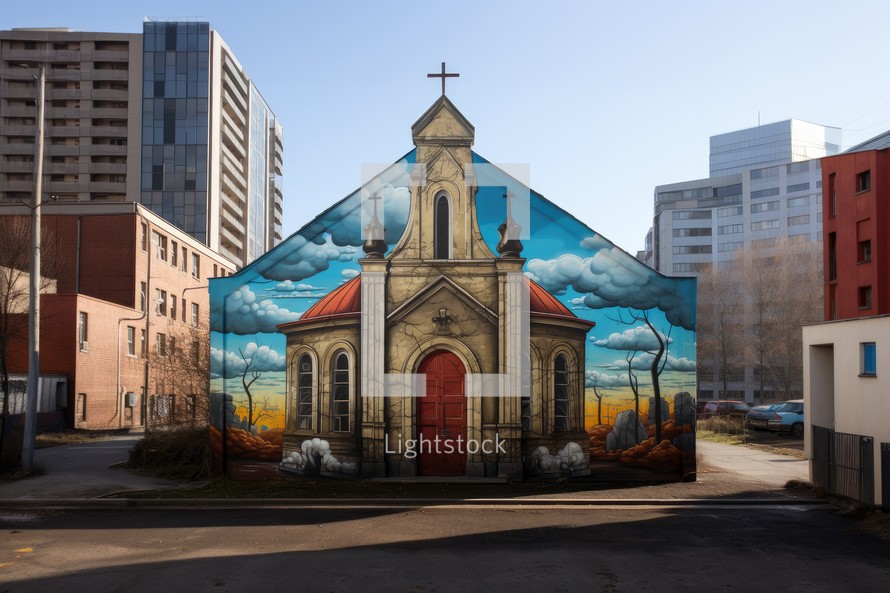 Mural art in the shape of a church in the city.