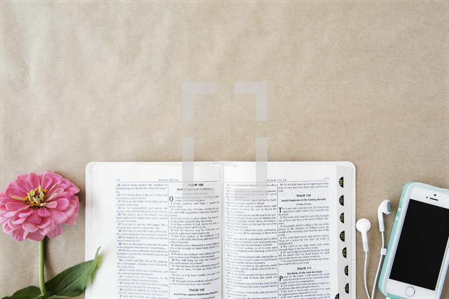 An open Bible between a pink flower and a cell phone with ear phones.