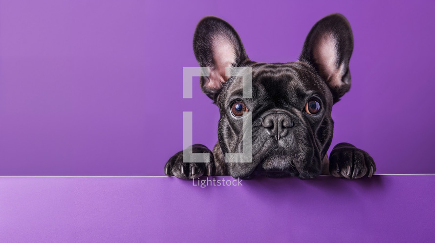 Adorable French bulldog peeking over a purple surface with attentive eyes.
