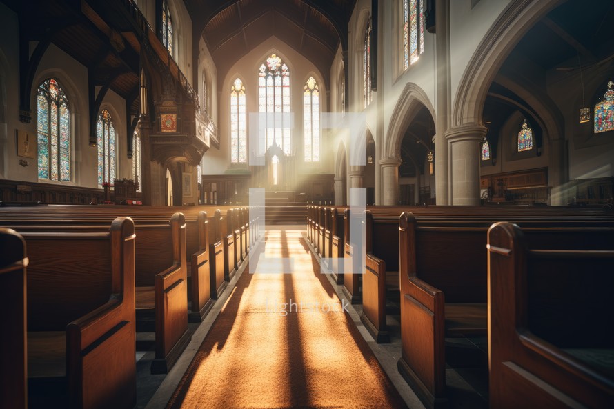 Interior of a church with sunlight in the rays of the sun