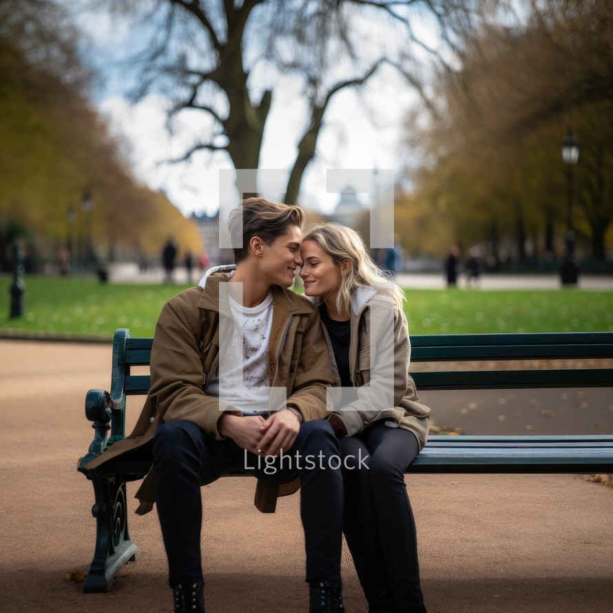 Young couple sitting on a bench in the park and looking at each other