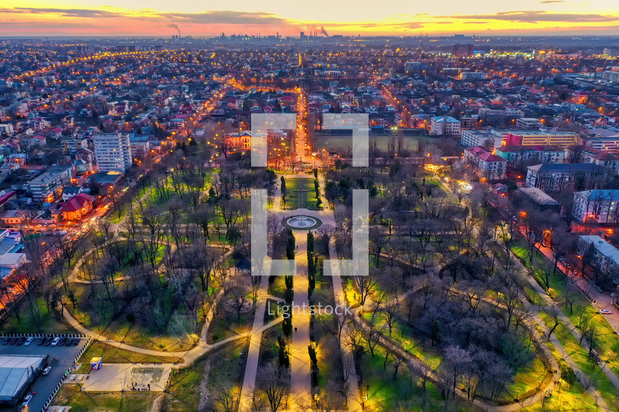 Aerial view of Galati City, Romania, at sunset with city lights on
