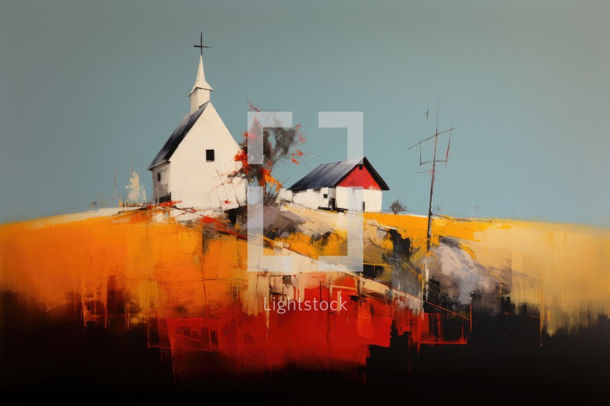 Abstract painting of church in the village. Colorful painting on canvas.