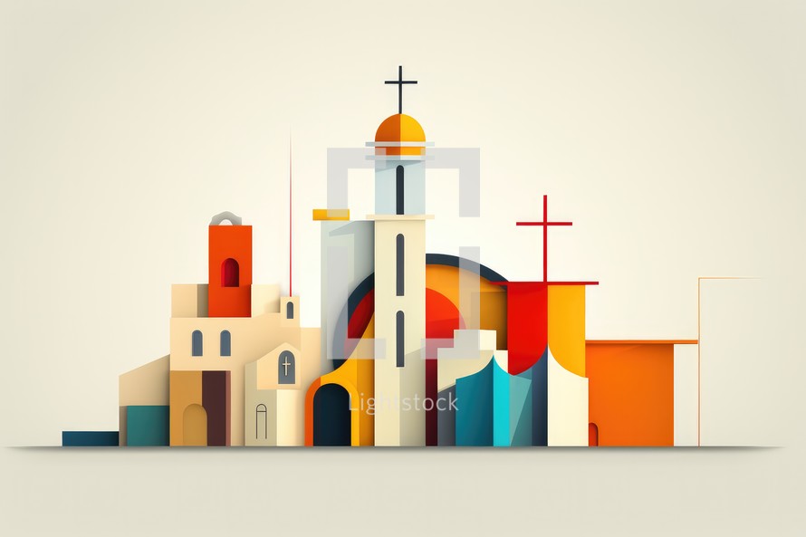 Cityscape with colorful buildings and cross. Concept of religion, faith and spirituality.
