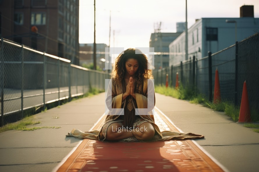 Beautiful young woman with curly hair praying on the street
