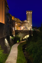 historical center of Umbertide, a historic Italian city. Night landscape of the old town lit with artificial lighting.