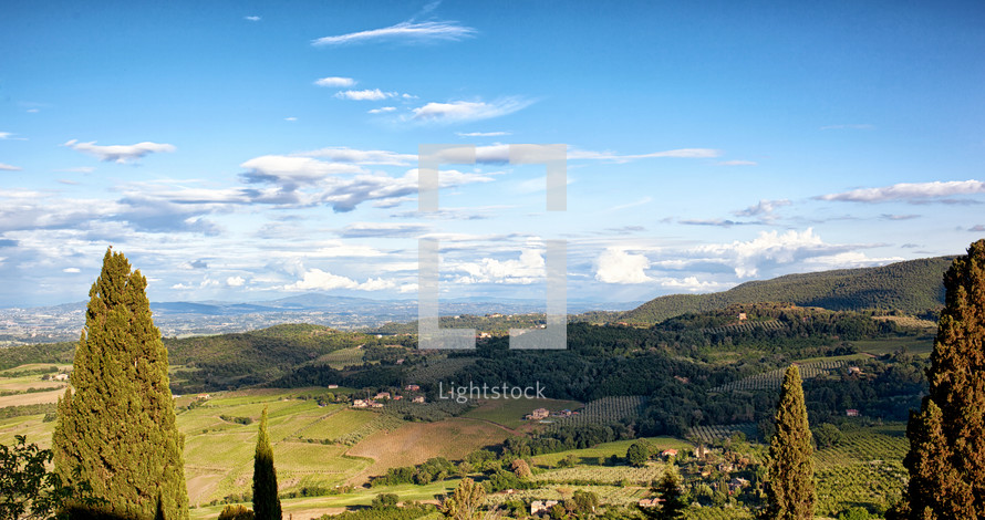Typical Tuscan natural landscape with hills and vegetation.
