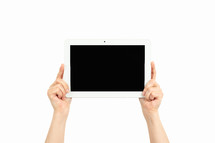 woman hands holding a tablet on a white background