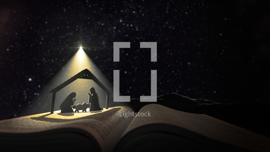 Open Bible and nativity scene under starlight 