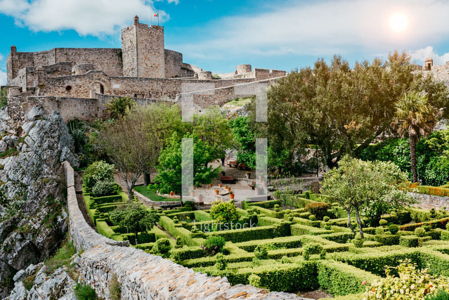 Panoramic view of Gardens and medieval castle from Marvao, Portalegre, Alentejo Region, Portugal.