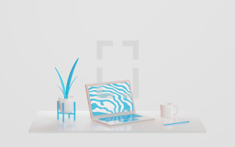 Work From Home - Laptop, Coffee Cup, Plant - 3D Illustration