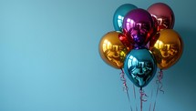 Colorful balloons on blue background with copy space