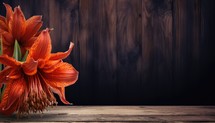 Beautiful orange lily flowers on wooden background, copy space.