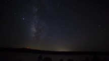 Timelapse of the Milky Way stars setting over a forest lake