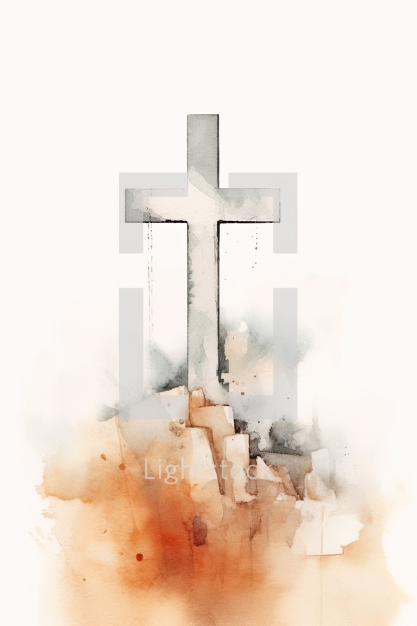 Cross, digital watercolor painting on a white background