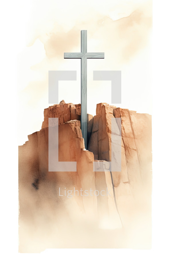 Cross on the cliff. 3D illustration