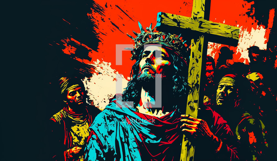 Abstract art. Colorful painting art of Jesus carrying the cross. Easter, crucifixion or Resurrection concept. He is Risen.