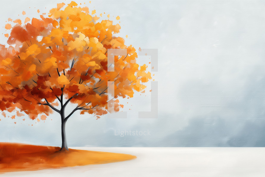 Impressionist-style autumn tree with vibrant orange leaves on a soft, textured landscape, evoking calm and serenity.