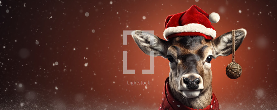 Portrait of reindeer Rudolph with Christmas hat. Merry Christmas banner.