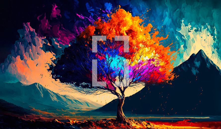 Colorful AI illustration of the burning bush.