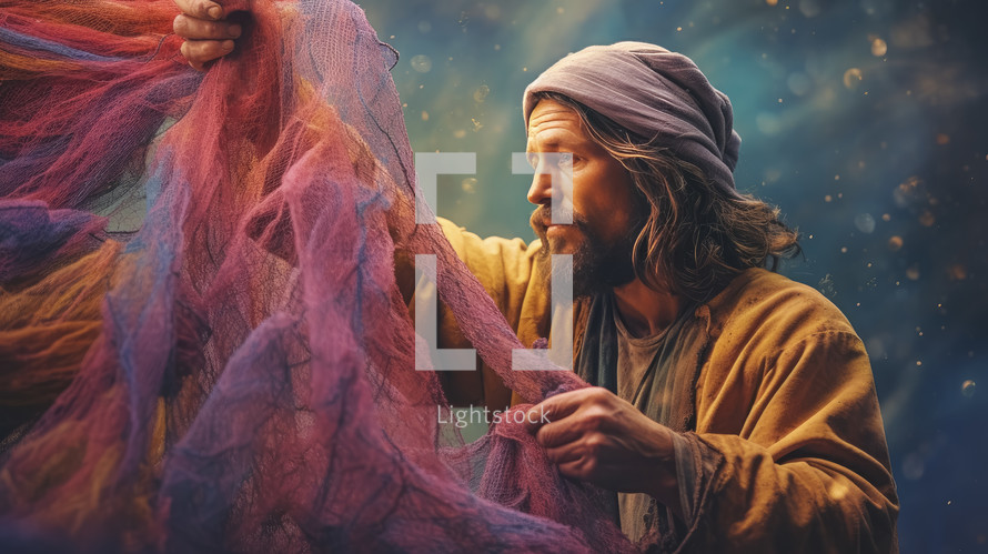 Colorful painting art portrait of the apostle Peter cleaning his fishing net. Christian illustration.