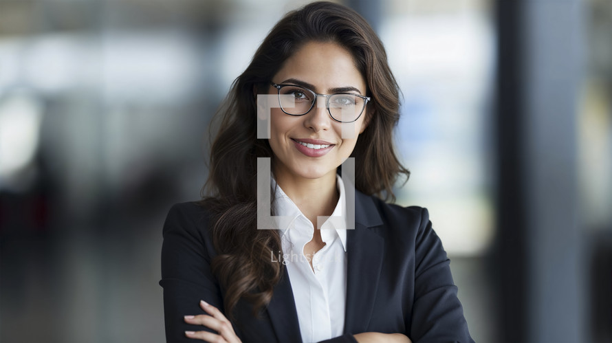 Professional businesswoman in glasses smiling confidently.