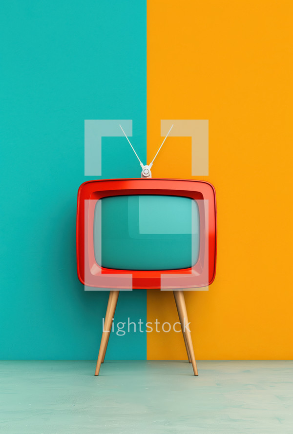 Vintage red TV with antennas placed against a bold turquoise and yellow background, creating a retro and modern minimalistic design.