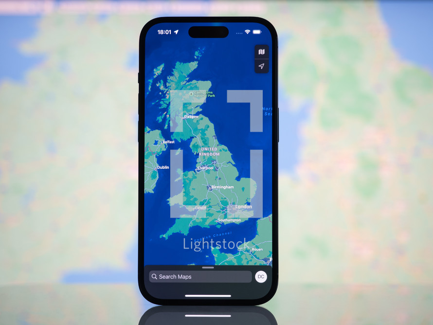 Smart phone with map of United Kingdown