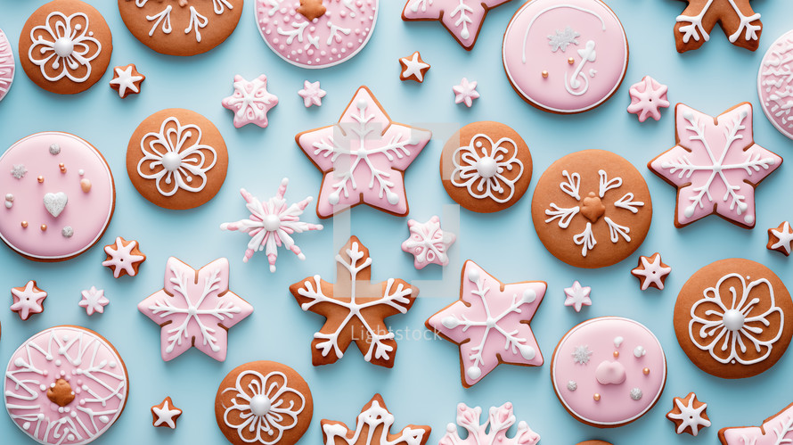 Flat lay composition of christmas cookies background.