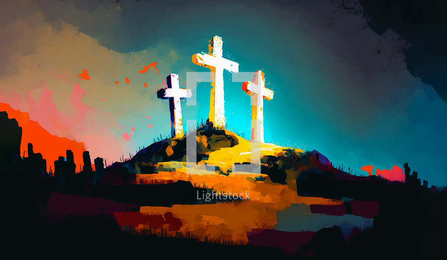 Colorful AI painting of three crosses on a hill. 