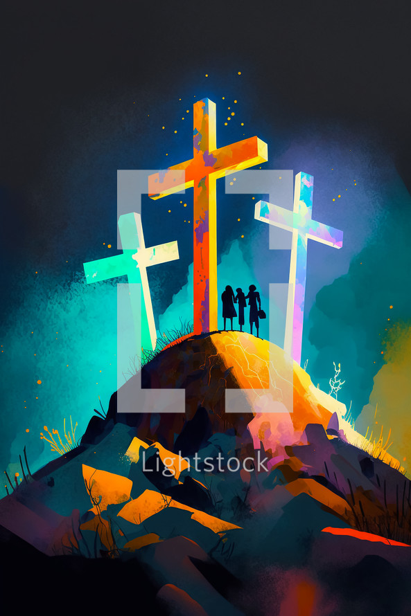 Abstract art. Colorful painting art of three crosses on a hill. Christian illustration.