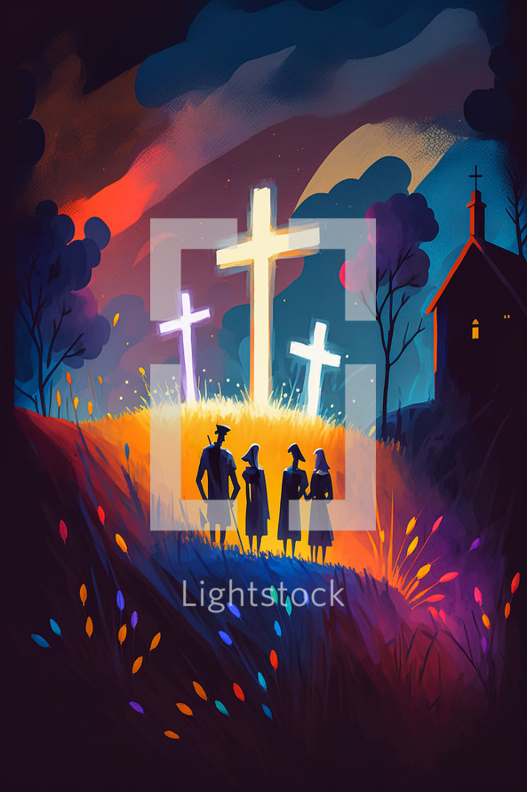Abstract art. Colorful painting art of three crosses on a hill and a church. Christian illustration.