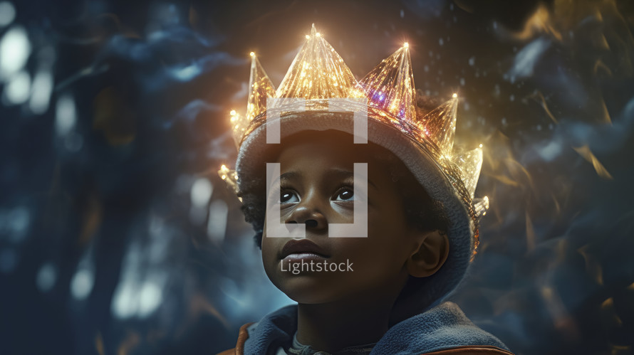 Portrait of a royal child of God. Child with glowing magical crown. Christian illustration.