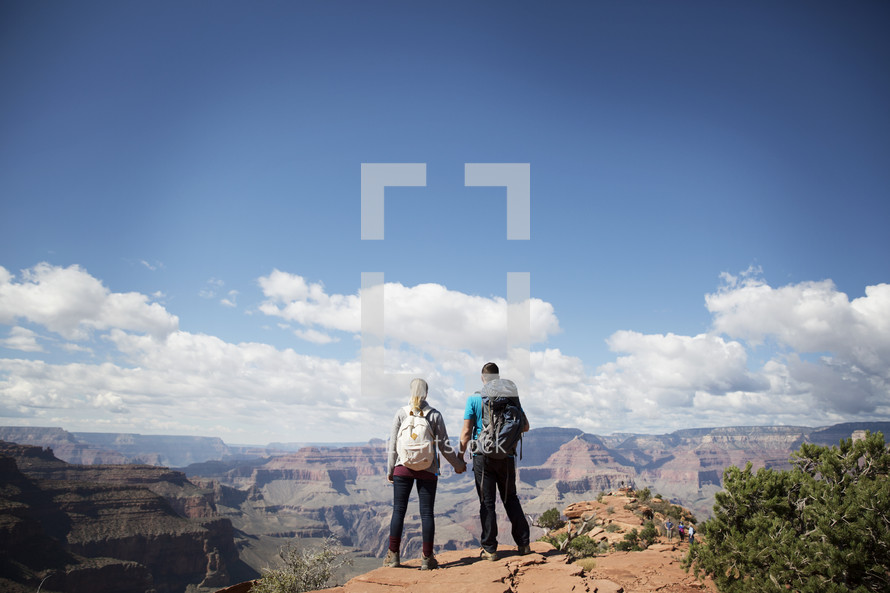 man and woman standing at the edge of a canyon cliff holding hands 