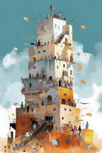 Colorful painting art of the tower of Babel. Christian illustration.