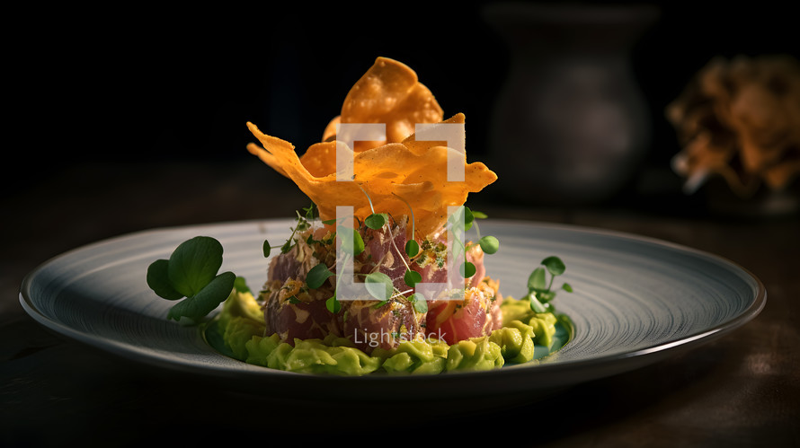 Abstract art. Colorful painting art of an exquisite plate of food. Tartare with avocado and crispy chips.