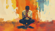 A young Latino man immersed in prayer, his form enveloped in a warm, expressive array of colors, creating a soulful atmosphere of reflection and devotion.