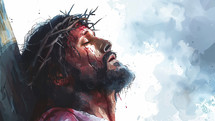 An emotional portrayal of Jesus with a crown of thorns, in a vivid watercolor style with a sense of light and shadow.