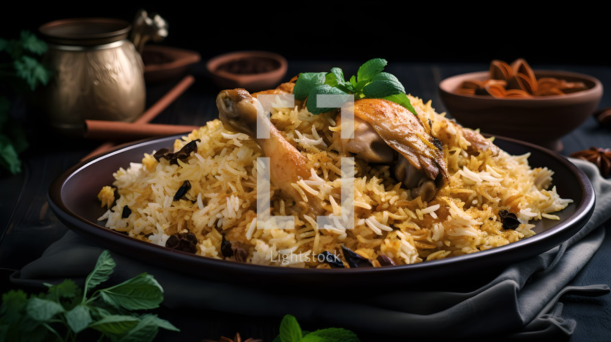 Abstract art. Colorful painting art of an exquisite plate of food. Chicken biryani.