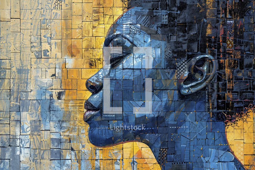 African American woman depicted in a cubist style mural, crafted from denim patchwork with dynamic blue and gold tones.