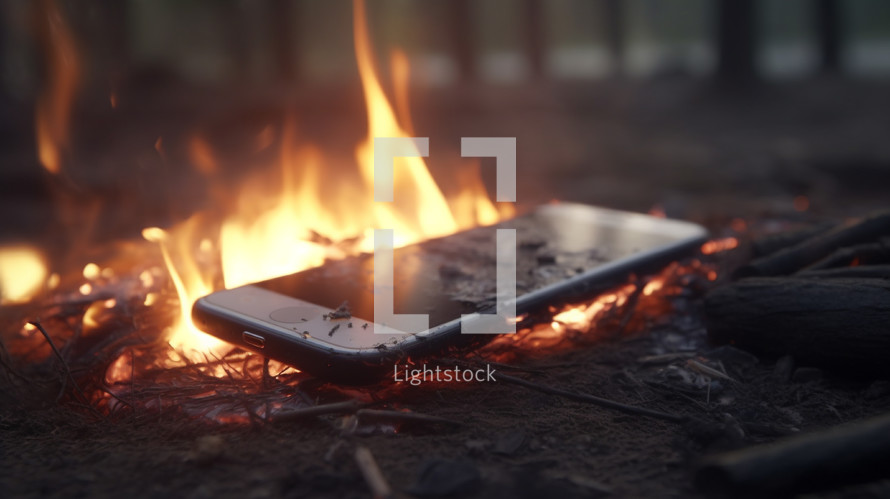 Burning smart phone on a pile of burning sticks. 