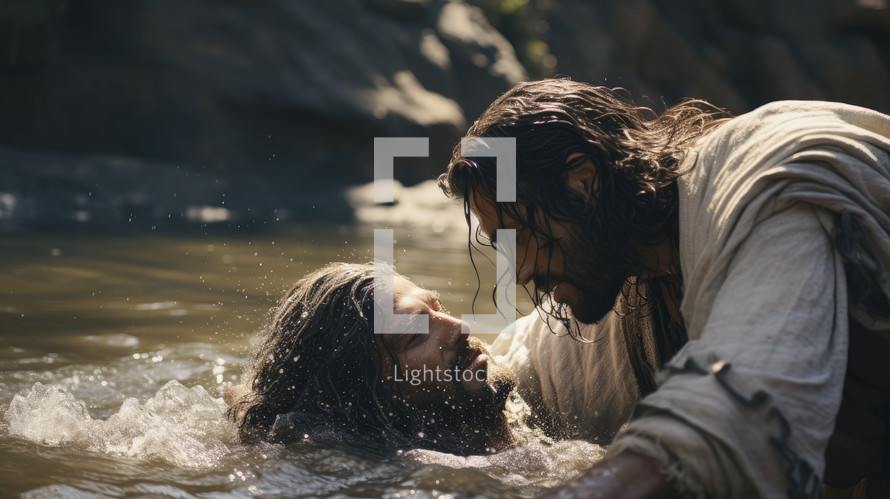 Portrait of Jesus of Nazareth baptized by John the Baptist in the Jordan river. Christian illustration. 